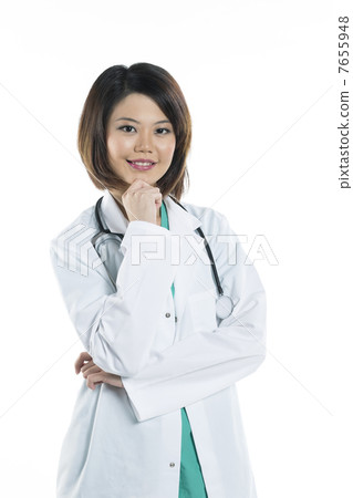 Beautiful Chinese doctor wearing green scrubs & lab coat. Beautiful Chinese doctor wearing green scrubs & lab coat. 7655948