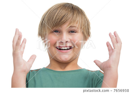 Suprised blonde boy with hands up Suprised blonde boy with hands up 7656938