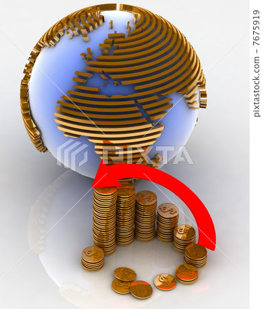 3d diagram of golden coins with a arrow on a background a globe 7675919