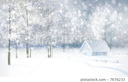 Vector of winter snowy landscape with house in forest. Vector of winter snowy landscape with house in forest. 7676233