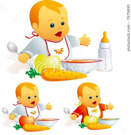 Baby nutrition, solid food, milk. Illustration vector 7679895