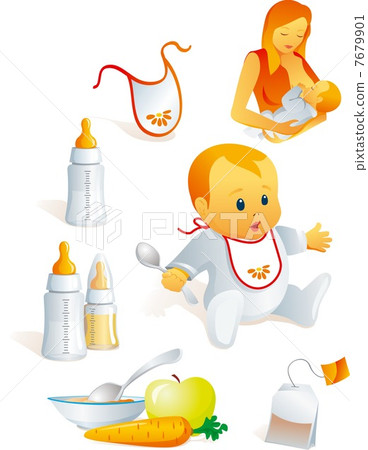 Icon set - baby feeding. Breast-feeding, bib, nursing-bottle 7679901