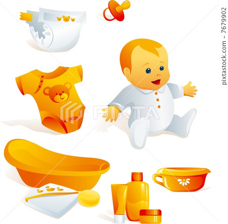 Icon set - baby hygiene. Bath, bodysuit, nappy, cosmetics 7679902