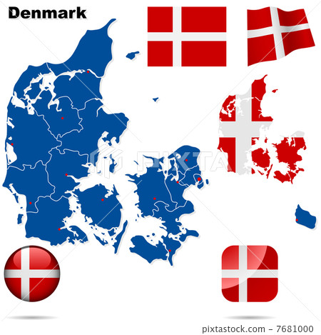 Denmark vector set. Detailed country shape with region borders, 7681000