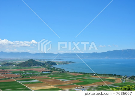 An overhead view of the landscape on the Lake Biwa coast and the paddy field in early summer 7686067
