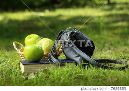 Book, apples and bag on green grass Book, apples and bag on green grass 7686863
