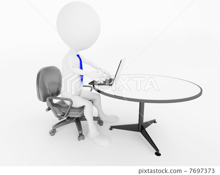 3d business man character sitting in office chair with laptop at 7697373