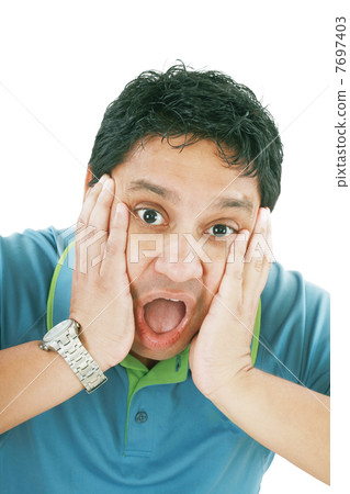 Young man has opened mouth from surprise, isolated on white back 7697403