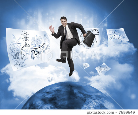 Businessman jumping over a planet with drawings floating Businessman jumping over a planet with drawings floating 7699649