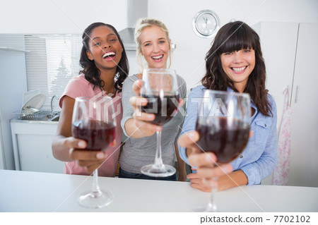 Cheerful friends toasting to the camera with glasses of red wine Cheerful friends toasting to the camera with glasses of red wine 7702102