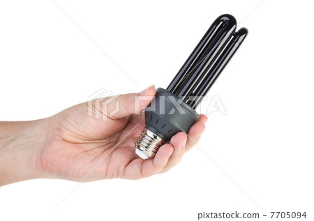 Black (UV) fluorescent lamp with e27 base in hand Black (UV) fluorescent lamp with e27 base in hand 7705094
