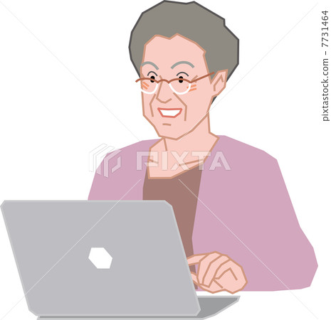 Senior woman operating a laptop with a smile - Stock Illustration ...