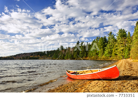 Red canoe on lake shore 7733351