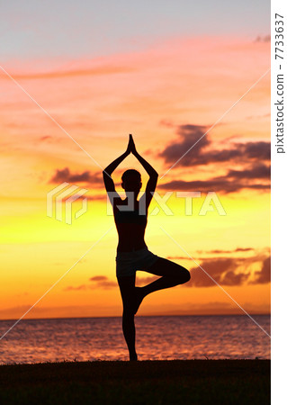 Yoga woman training in sunset in tree pose 7733637