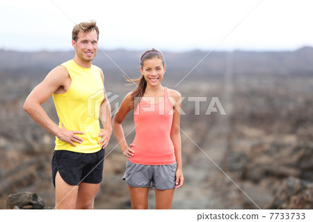 Portrait of runner couple resting after running Portrait of runner couple resting after running 7733733