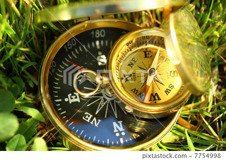 Two golden compasses on green grass 7754998