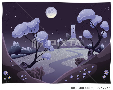 Landscape with tower in the night. 7757737