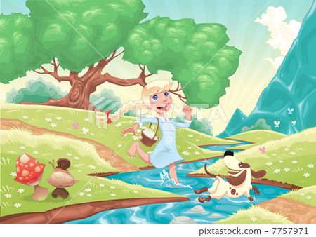 Young girl is running with dog in the nature. 7757971