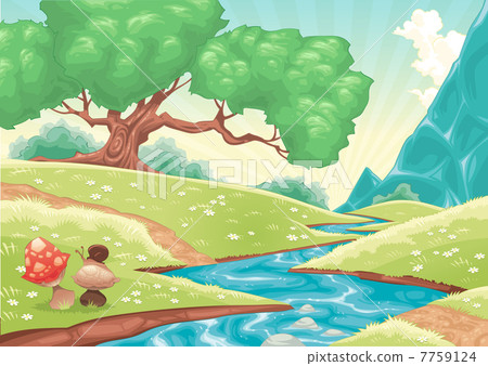 Cartoon landscape with stream. Cartoon landscape with stream. 7759124