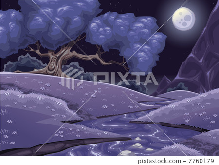Cartoon nightly landscape with stream. Cartoon nightly landscape with stream. 7760179