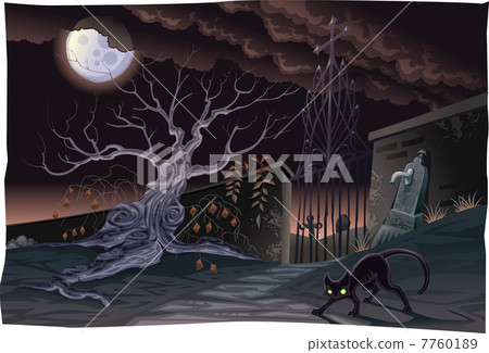Black cat and cemetery in the night. 7760189
