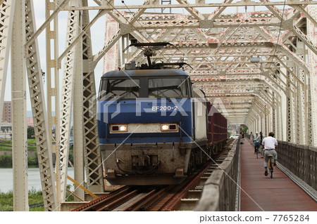 Freight train running Akagawa Iron Bridge 7765284
