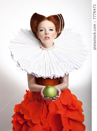 Retro Style. Portrait of Styled Redhead Woman Duchess in Vintage Frill 7776472