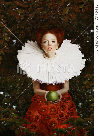 Vintage. Stylized Red Hair Woman in Retro Jabot with Green Apple Vintage. Stylized Red Hair Woman in Retro Jabot with Green Apple 7776482