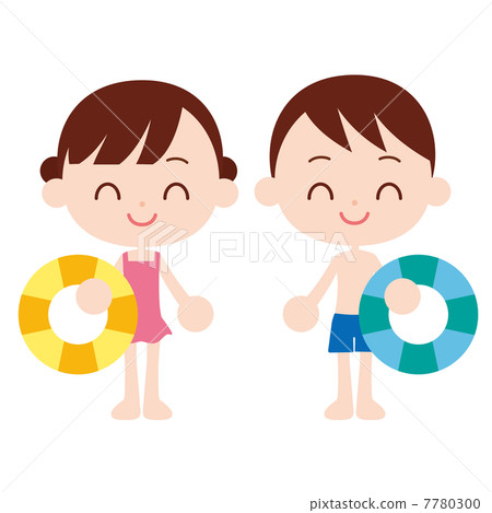 Boys and girls with swimming rings in bathing suits Boys and girls with swimming rings in bathing suits 7780300