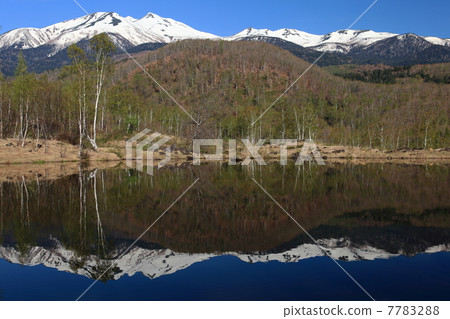 春天Norikura Kogen高速公路池塘和剩餘的雪Norikura-dake 7783288