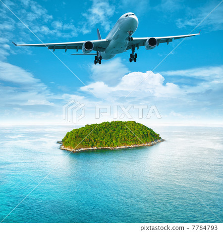Jet aircraft over the tropical island. Square composition. 7784793