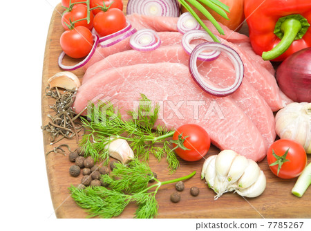 raw meat and vegetables close-up. white background. 7785267