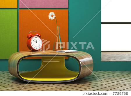 Part of the modern interior with a red alarm clock Part of the modern interior with a red alarm clock 7789768
