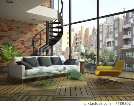 Modern loft interior with part of second floor 7789802