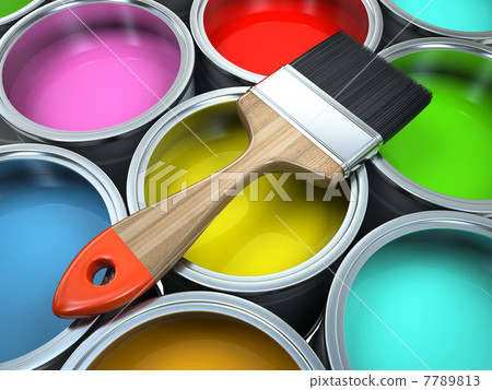 Banks of multicolored paint and brush 7789813