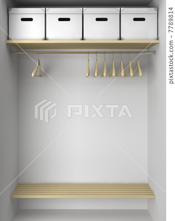 Empty wardrobe with hangers and boxes 7789814