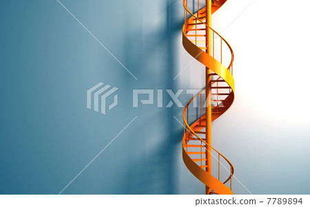 Orange spiral staircase on the blue wall Orange spiral staircase on the blue wall 7789894
