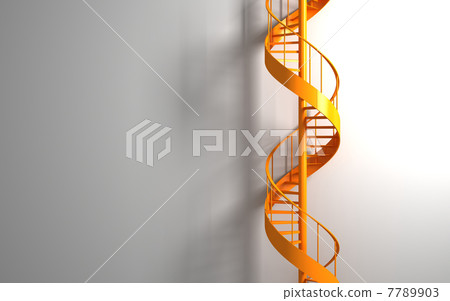Orange spiral staircase on the white wall 7789903