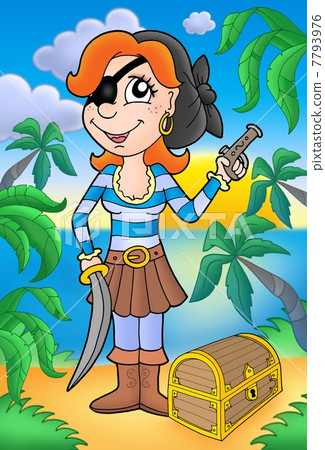 Pirate woman with pistol and treasure chest Pirate woman with pistol and treasure chest 7793976
