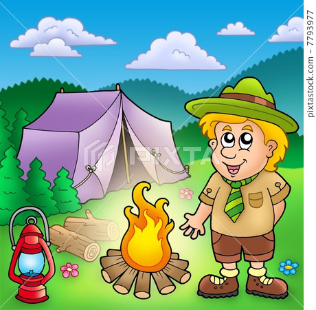 Small scout with fire and tent Small scout with fire and tent 7793977