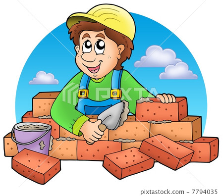 Cartoon bricklayer with clouds Cartoon bricklayer with clouds 7794035