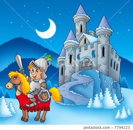 Knight on horse with winter castle 7794223