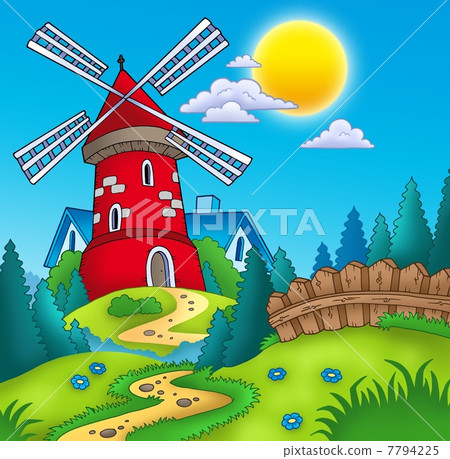 Country landscape with red mill Country landscape with red mill 7794225