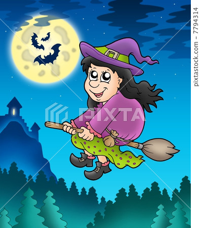 Cute witch on broom near castle Cute witch on broom near castle 7794314