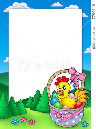 Easter frame with basket and chicken Easter frame with basket and chicken 7794340