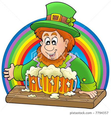 插图素材 leprechaun with beers and rainbow