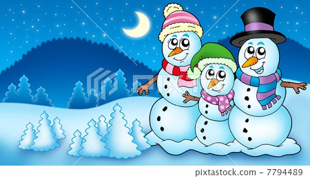 Winter landscape with snowman family 7794489