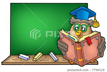 Owl teacher reading book on blackboard 7794528
