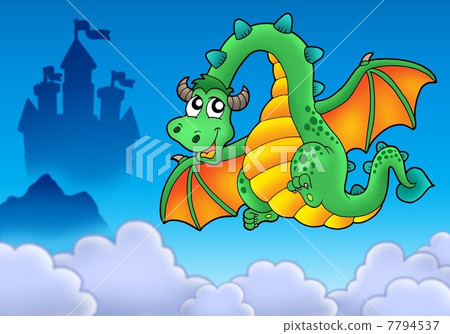 Flying green dragon with castle Flying green dragon with castle 7794537