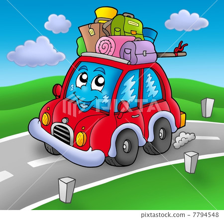 Cute car with baggage on road Cute car with baggage on road 7794548